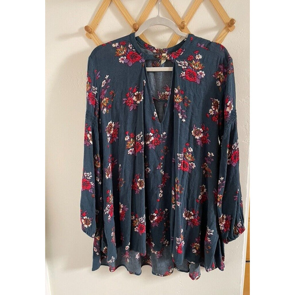 Free People Mini Swing Dress XS Blue Floral Long Balloon Sleeves Tunic Top - Picture 2 of 7